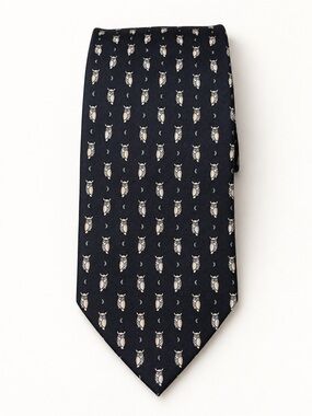 FRANGI Navy Owl & Crescent Moon 100% Silk Tie Made in Italy